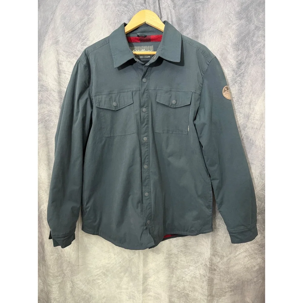 Eddie Bauer Mens Flannel Lined Shirt Jacket Blue Gray Plaid Snap Front EM32LW904